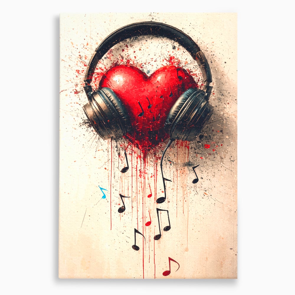 Tablou canvas cu tablou canvas cu inima rosie si casti audio, fara rama, pe sasiu de lemn
